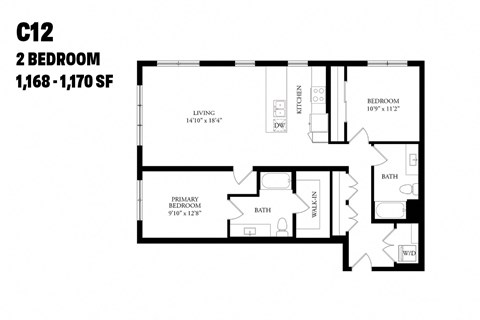 Floor plan for 2 beds, 2 baths, 1169 sqft